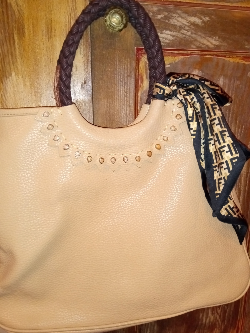 Liz Claiborne Beige Satchel with Braided Dark Brown Handles and Scarf Accent